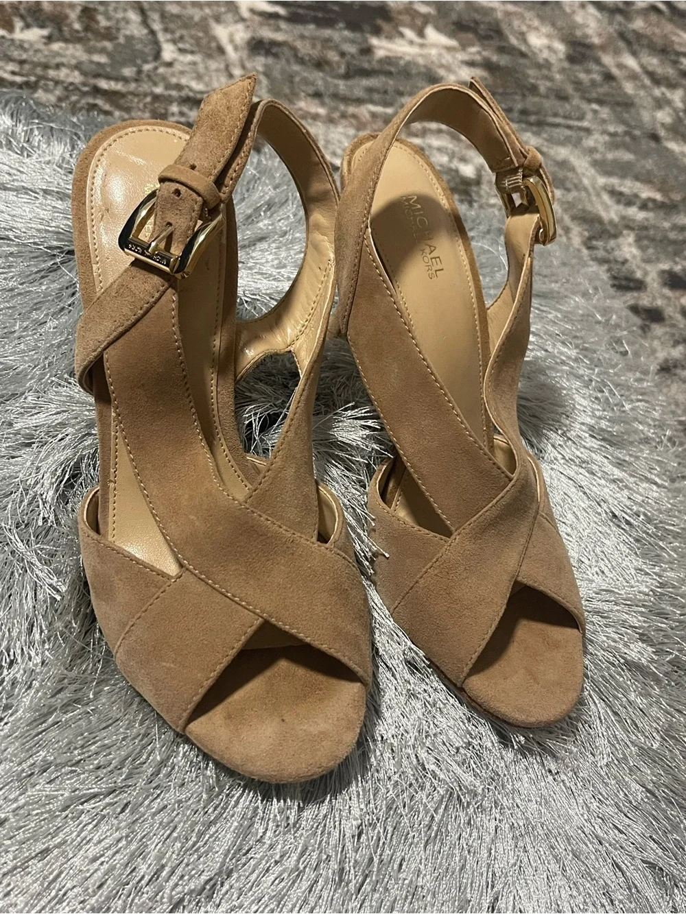 Michael Kors Camel Suede Crisscross Open-Toe Slingbacks